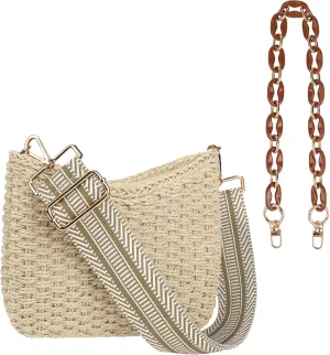 Women Straw Small Crossbody Bag Handmade Woven Shoulder Handbag Summer Beach Purse with Guitar Strap
