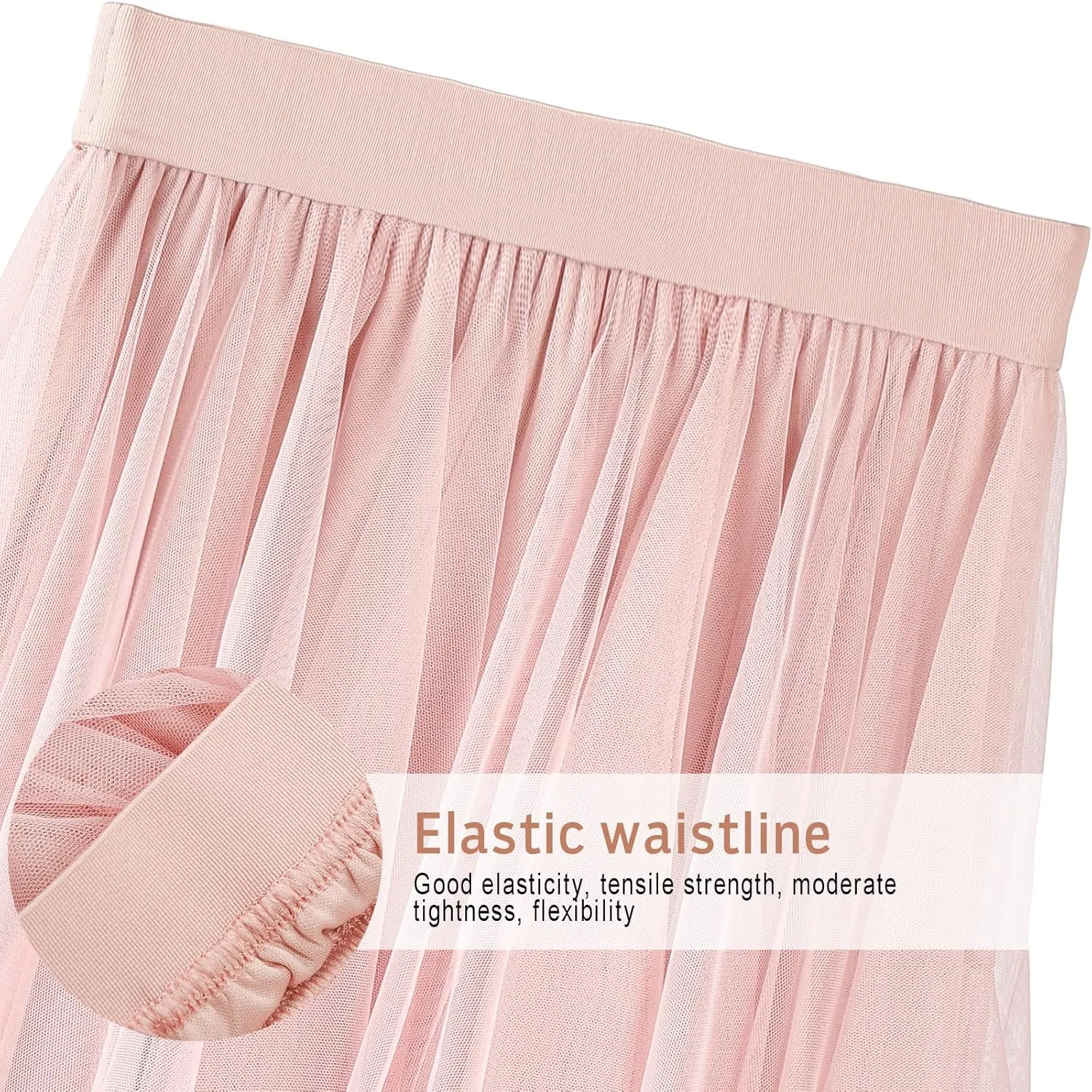 Women Tulle Skirts Layered Tutu Skirt Midi Length Elastic High Waist A Line Skirt