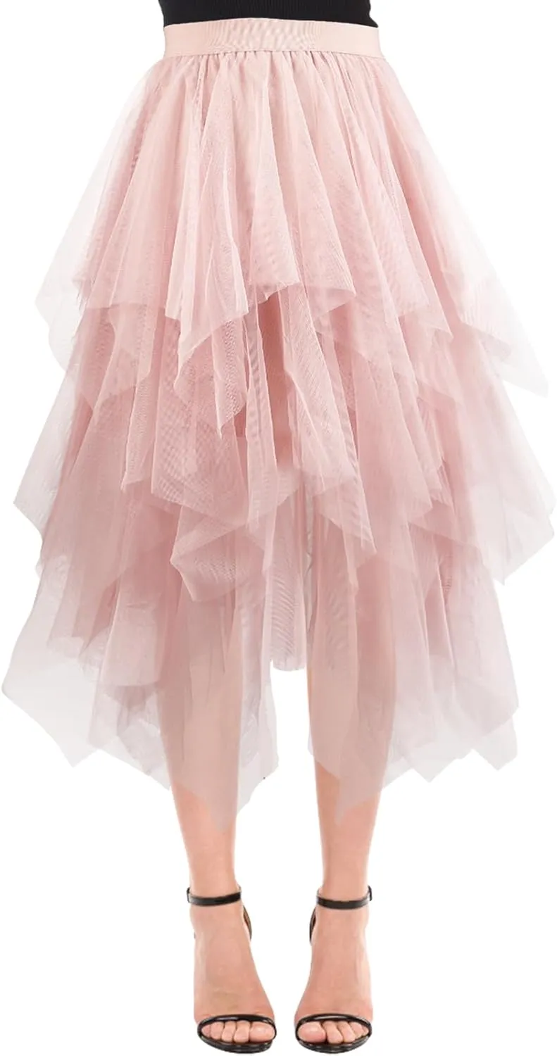 Women Tulle Skirts Layered Tutu Skirt Midi Length Elastic High Waist A Line Skirt