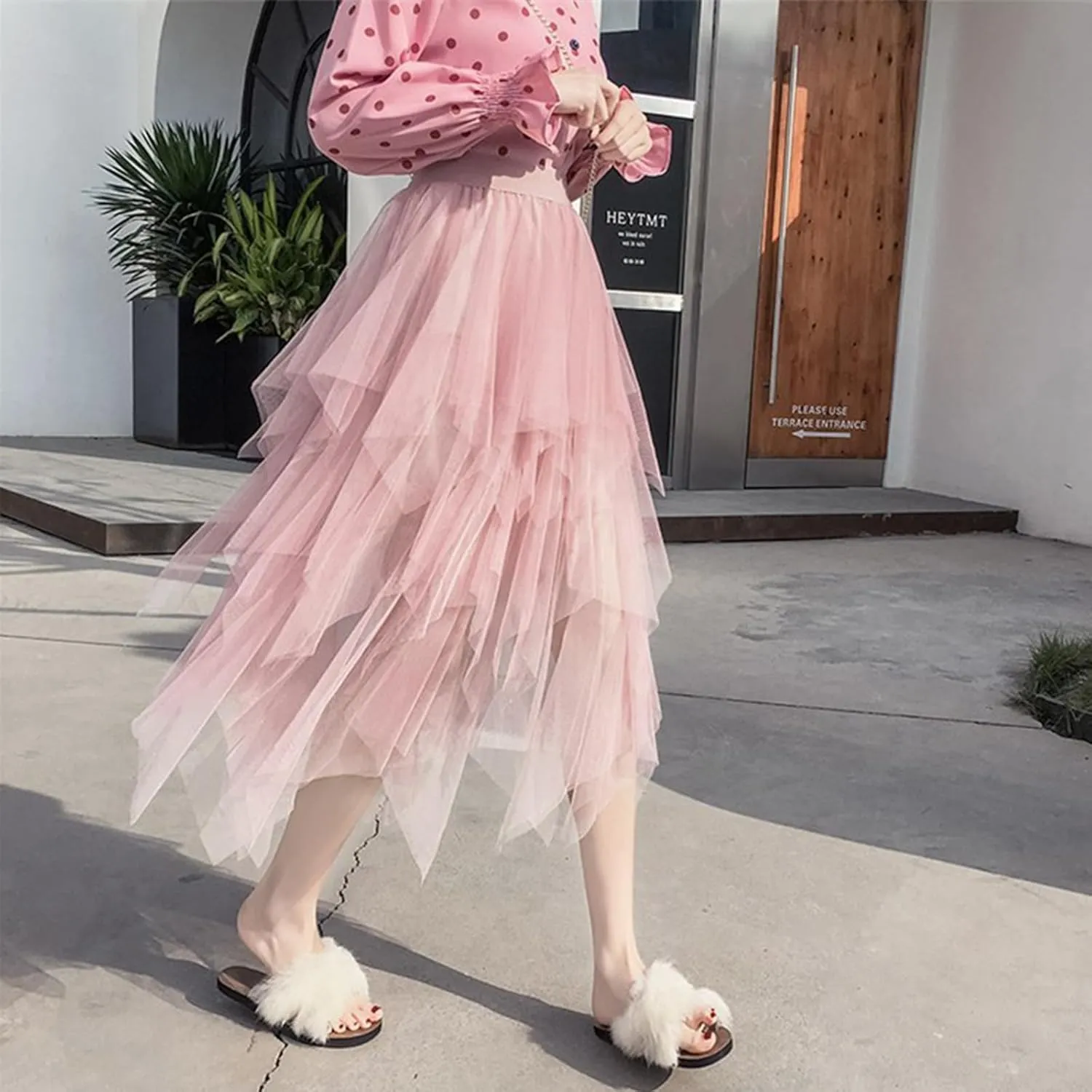 Women Tulle Skirts Layered Tutu Skirt Midi Length Elastic High Waist A Line Skirt
