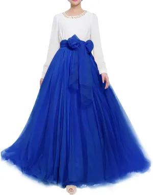 Women Wedding Long Maxi Puffy Tulle Skirt Floor Length A Line with Bowknot Belt High Waisted for Wedding Party Evening