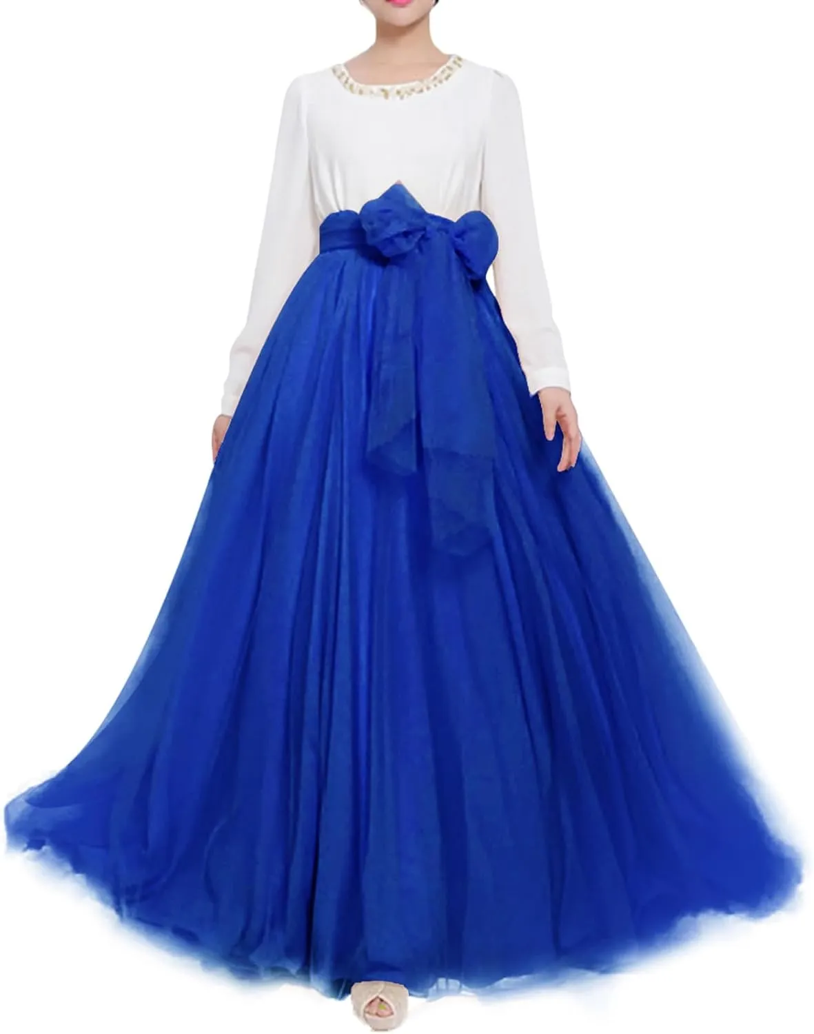 Women Wedding Long Maxi Puffy Tulle Skirt Floor Length A Line with Bowknot Belt High Waisted for Wedding Party Evening