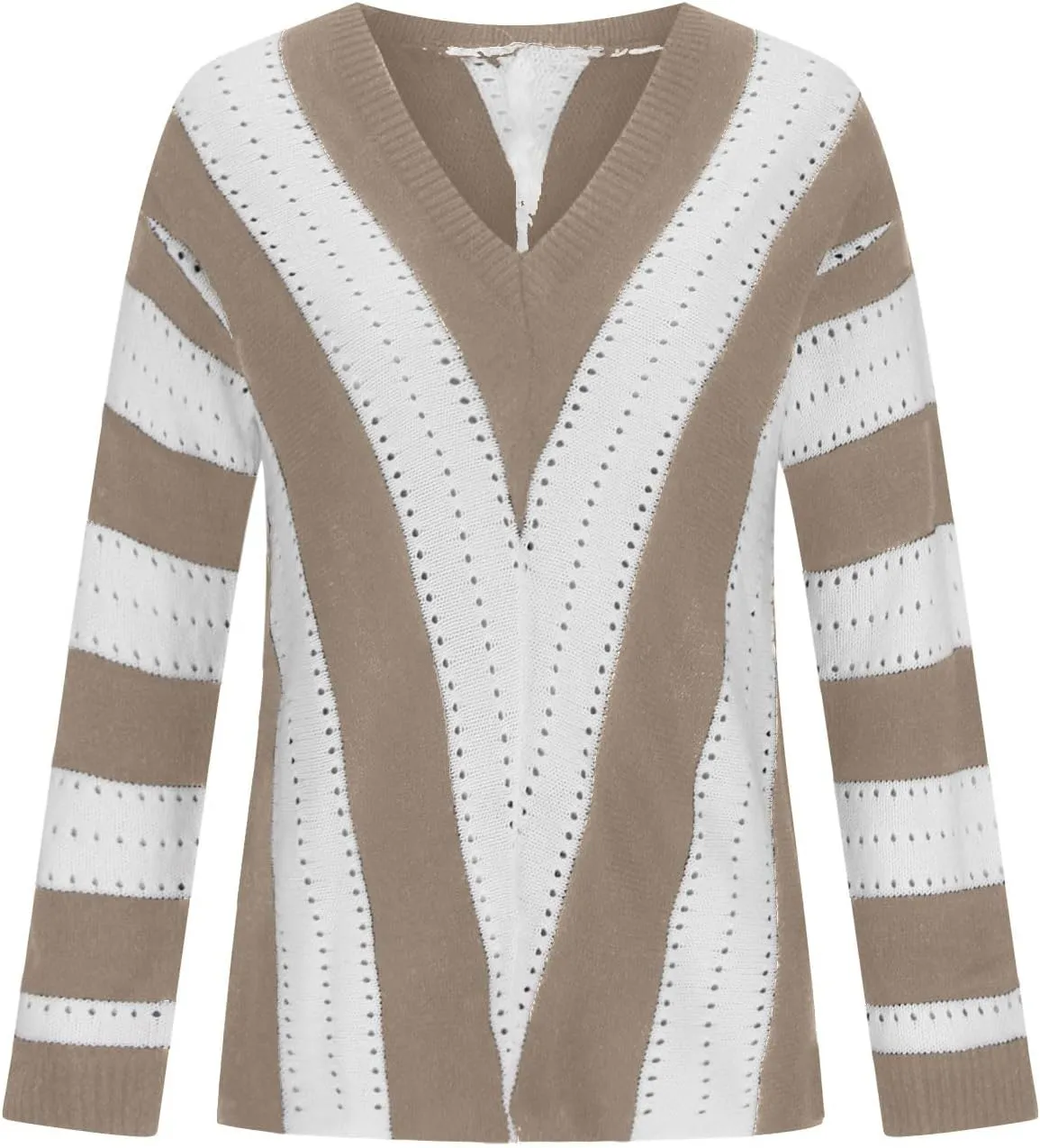Women's 2023 Trendy Sweaters Color Blocking V-Neck Long Sleeve Loose Knit Pullover Sweater Tops Knitwear Pullovers