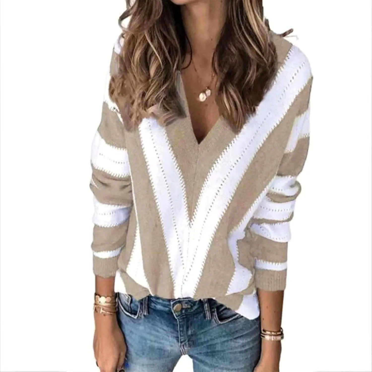 Women's 2023 Trendy Sweaters Color Blocking V-Neck Long Sleeve Loose Knit Pullover Sweater Tops Knitwear Pullovers