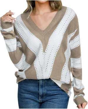 Women's 2023 Trendy Sweaters Color Blocking V-Neck Long Sleeve Loose Knit Pullover Sweater Tops Knitwear Pullovers