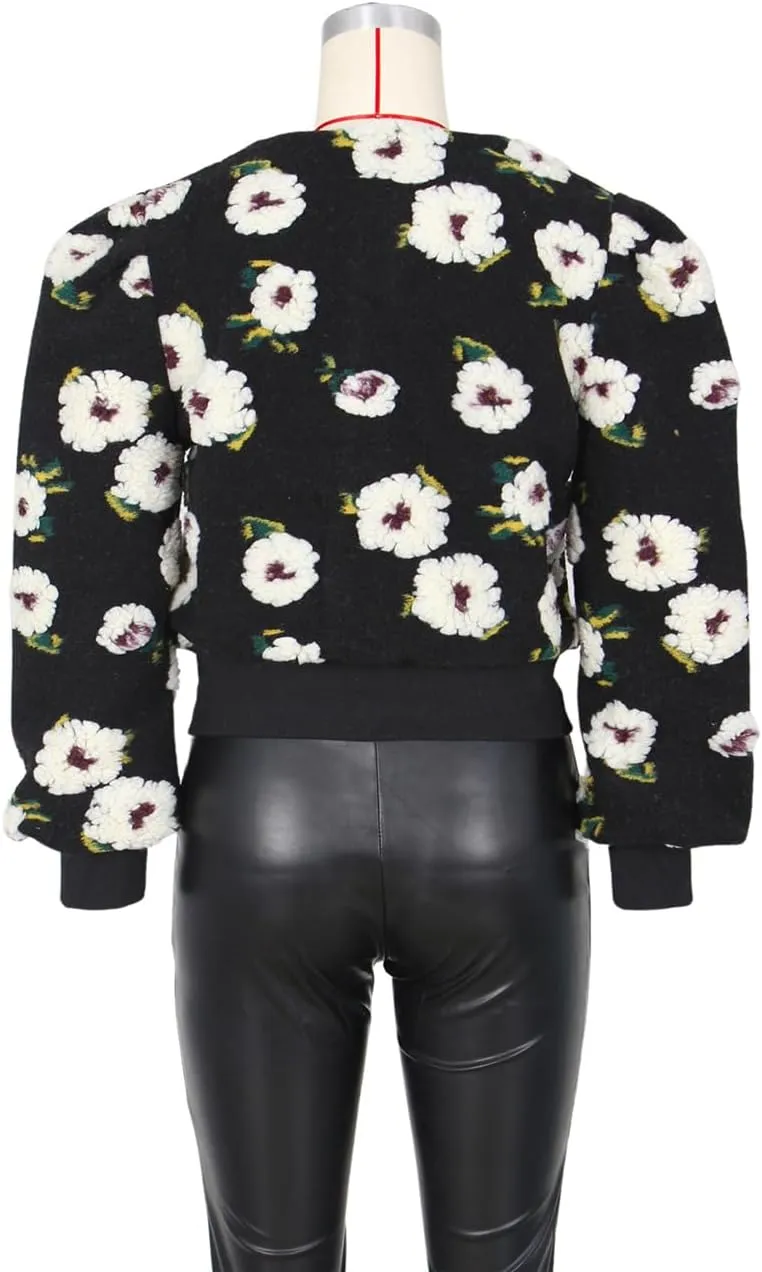 Women's 3D Flower Cropped Bomber Jacket Button Down Varsity Jackets