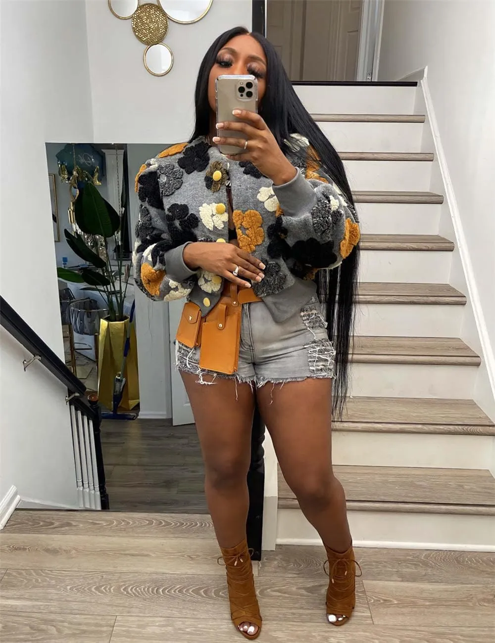 Women's 3D Flower Cropped Bomber Jacket Button Down Varsity Jackets