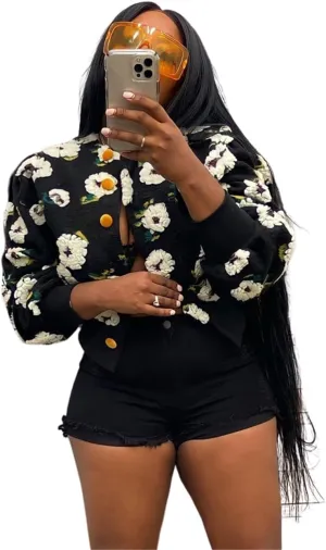 Women's 3D Flower Cropped Bomber Jacket Button Down Varsity Jackets