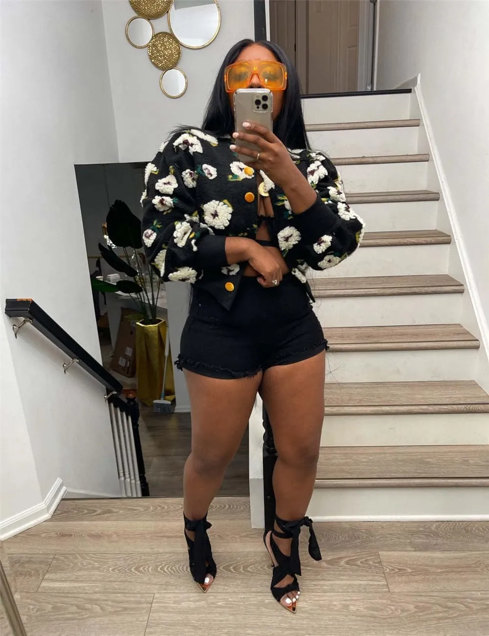 Women's 3D Flower Cropped Bomber Jacket Button Down Varsity Jackets