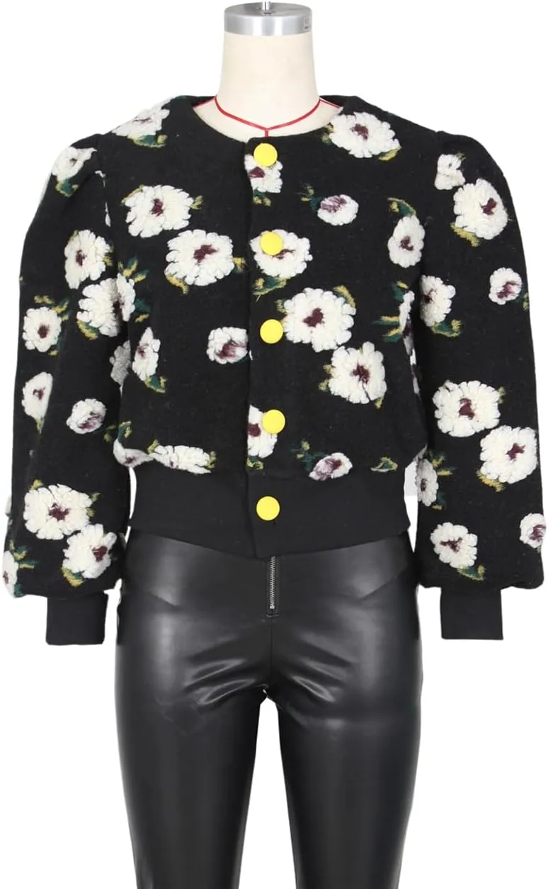 Women's 3D Flower Cropped Bomber Jacket Button Down Varsity Jackets