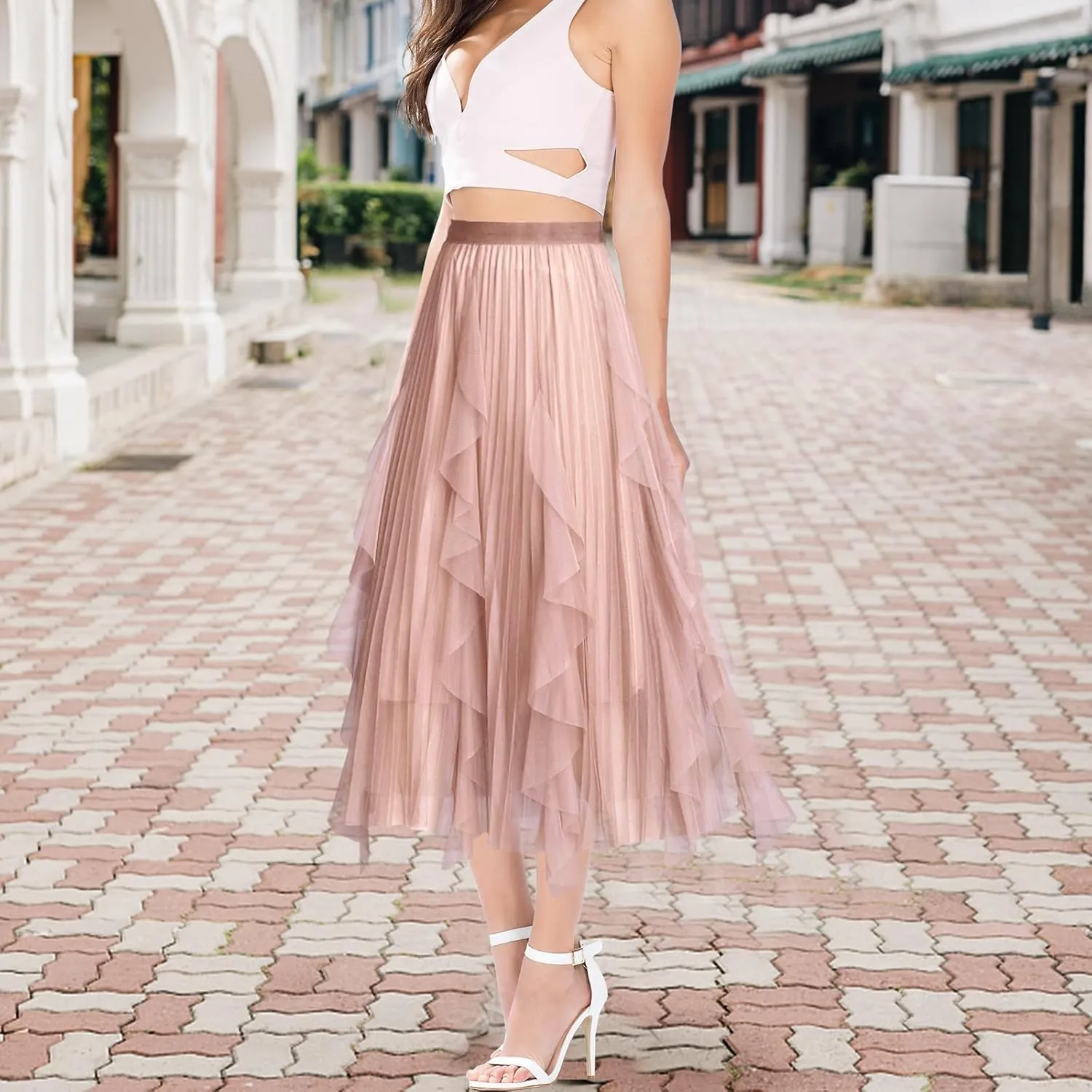 Women's A Line Tulle Midi Skirt Tutu Tiered Petticoat Skirts Tea-Length Elastic Waist Tutu Skirts