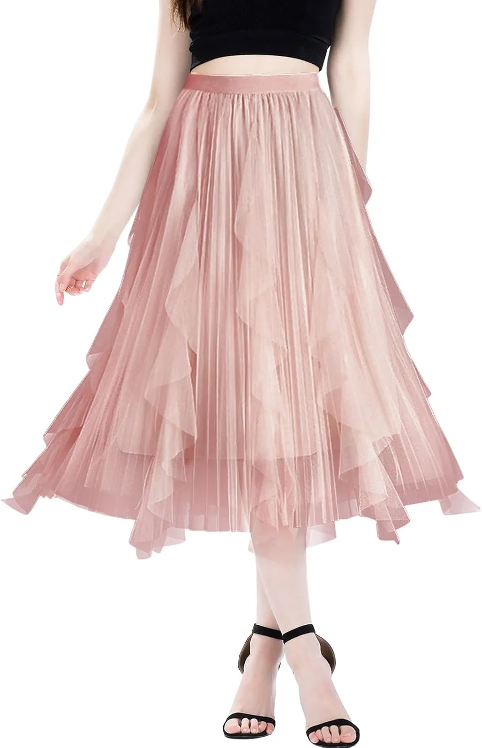 Women's A Line Tulle Midi Skirt Tutu Tiered Petticoat Skirts Tea-Length Elastic Waist Tutu Skirts
