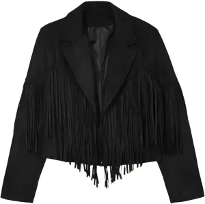 Women's Black Genuine Suede Tassel Fringe Cropped Leather Jacket Lapel Long Sleeve Biker Vintage Classic Native American (US, Alpha, Medium, Regular, Regular)