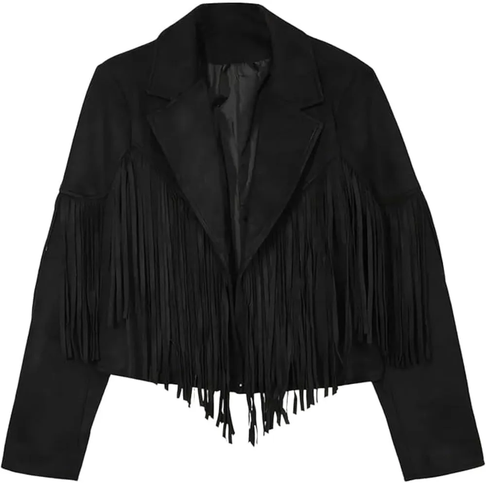 Women's Black Genuine Suede Tassel Fringe Cropped Leather Jacket Lapel Long Sleeve Biker Vintage Classic Native American (US, Alpha, Medium, Regular, Regular)