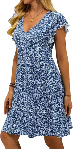 Women's Blue Floral Print Sexy V Neck Sleeveless Shift Mini Dress 2025 Summer Casual Chic Club Party Dresses Trendy Outfit