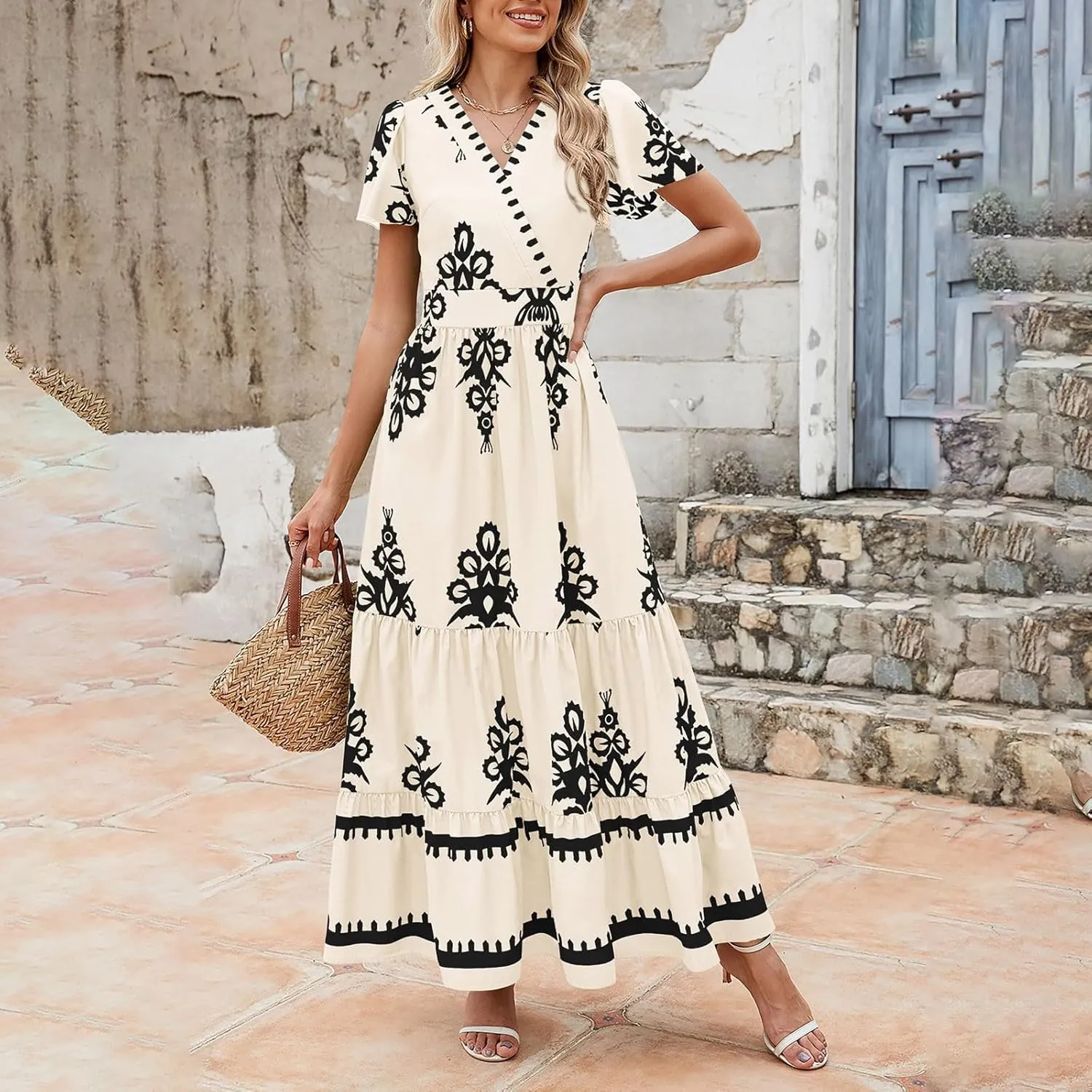 Womens Boho Floral Summer Maxi Dress Casual Aline V Neck Bell Sleeve Tiered Flowy Dresses for Women 2025