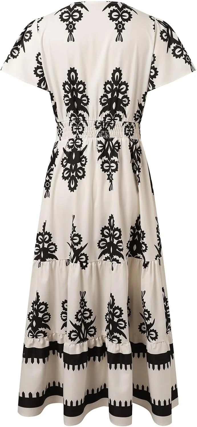 Womens Boho Floral Summer Maxi Dress Casual Aline V Neck Bell Sleeve Tiered Flowy Dresses for Women 2025