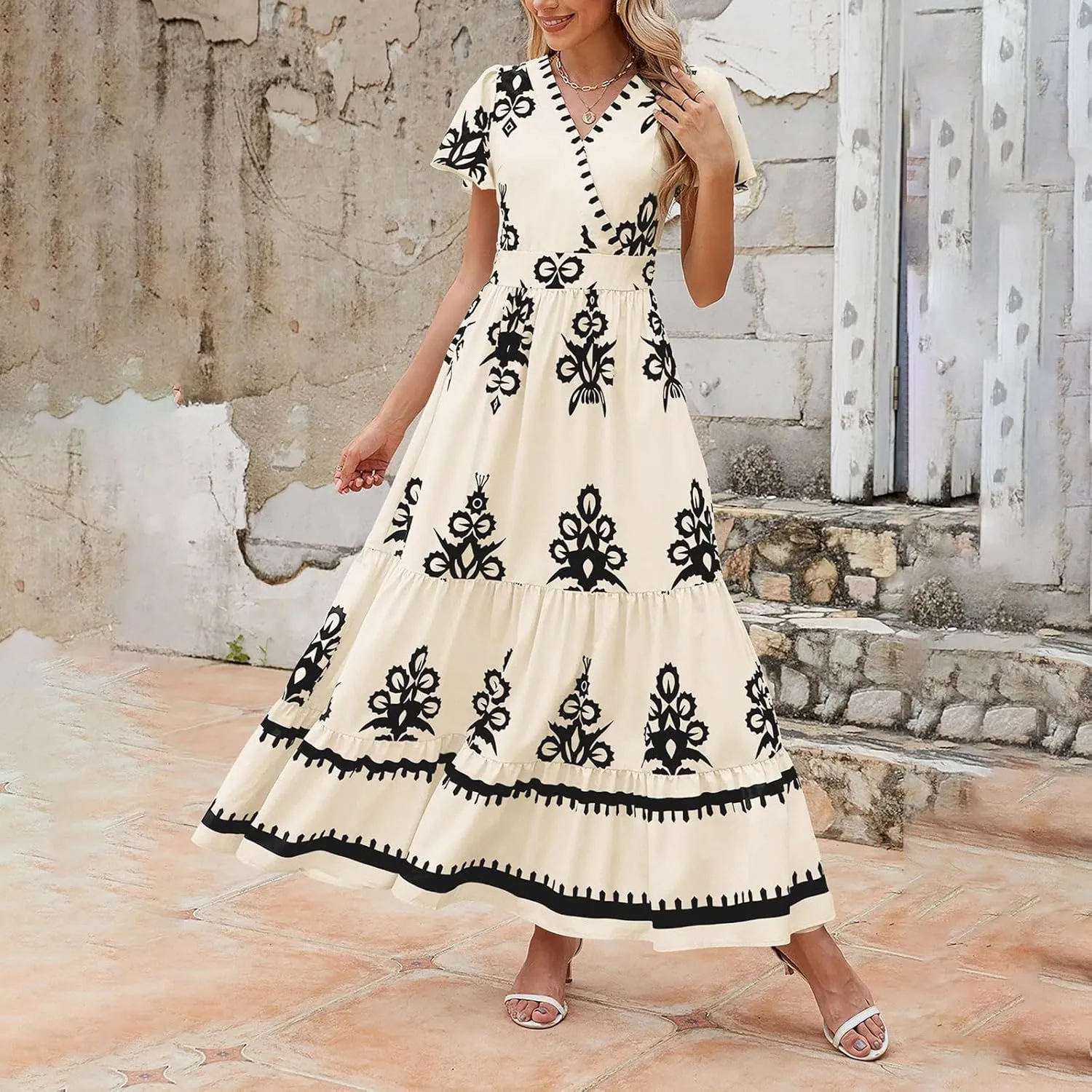 Womens Boho Floral Summer Maxi Dress Casual Aline V Neck Bell Sleeve Tiered Flowy Dresses for Women 2025