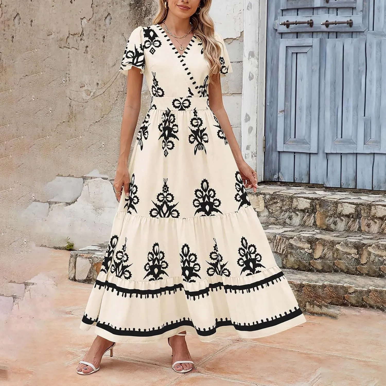 Womens Boho Floral Summer Maxi Dress Casual Aline V Neck Bell Sleeve Tiered Flowy Dresses for Women 2025