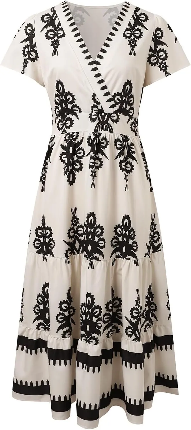 Womens Boho Floral Summer Maxi Dress Casual Aline V Neck Bell Sleeve Tiered Flowy Dresses for Women 2025