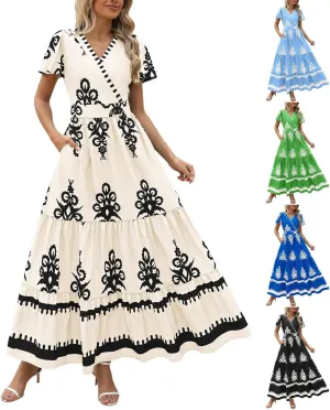 Womens Boho Floral Summer Maxi Dress Casual Aline V Neck Bell Sleeve Tiered Flowy Dresses for Women 2025