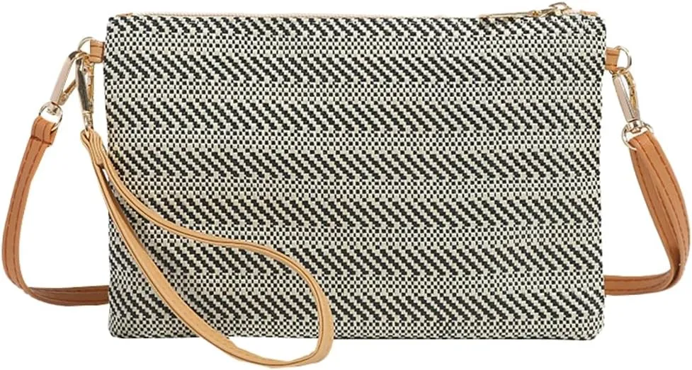 Womens Casual Straw Purses Woven Shoulder Crossbody Bag Small Handbags Tote Bag Wallet Summer Beach Bag with Chain