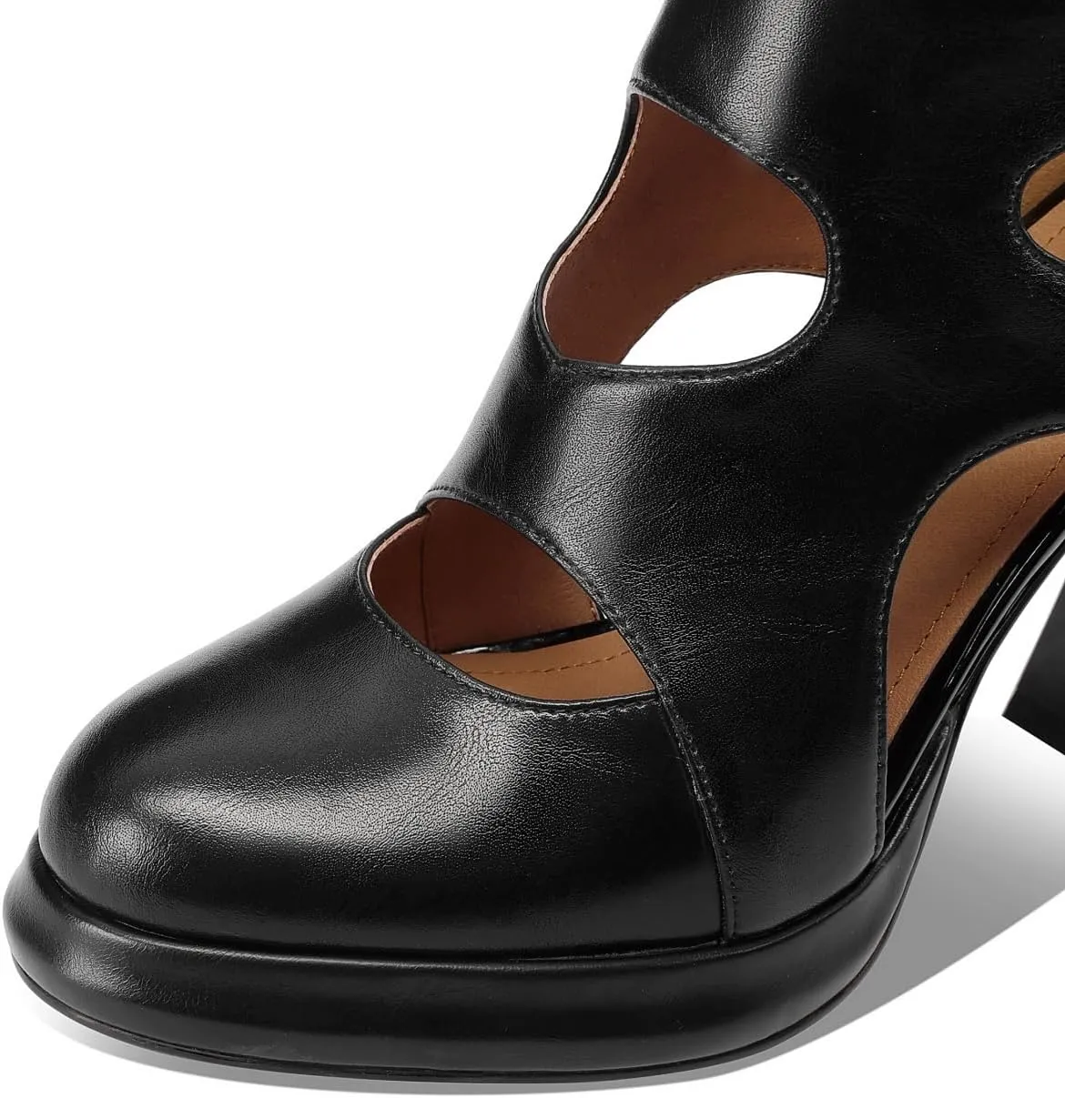 Women's Closed Toe Genuine Leather Spool Heels Handmade Hollow-carved Design Ankle Boots