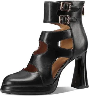 Women's Closed Toe Genuine Leather Spool Heels Handmade Hollow-carved Design Ankle Boots