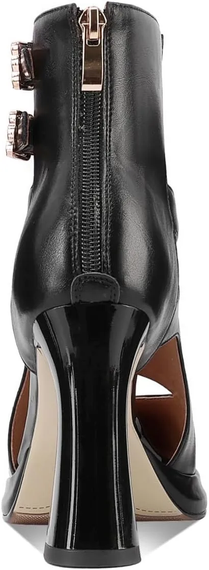 Women's Closed Toe Genuine Leather Spool Heels Handmade Hollow-carved Design Ankle Boots
