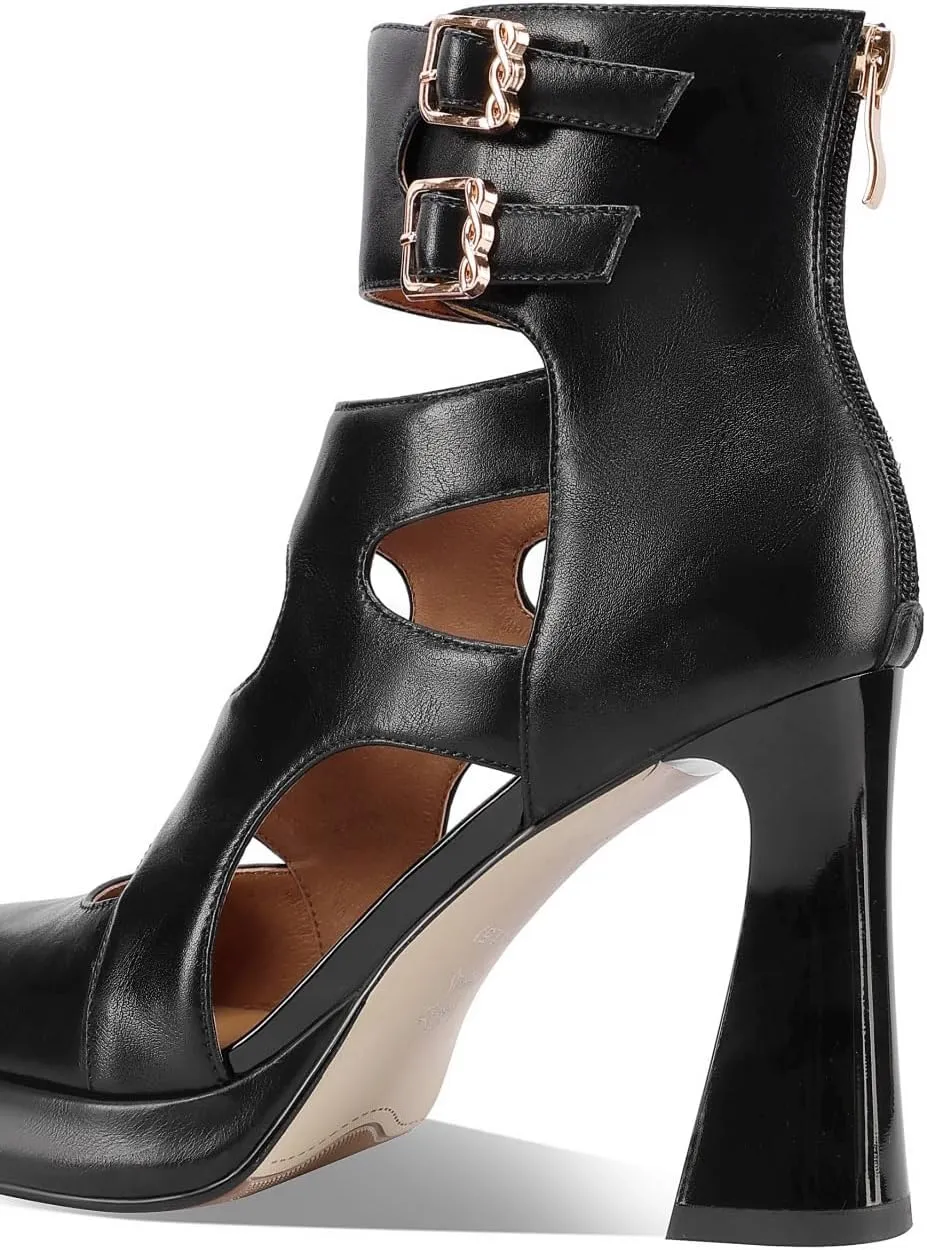 Women's Closed Toe Genuine Leather Spool Heels Handmade Hollow-carved Design Ankle Boots