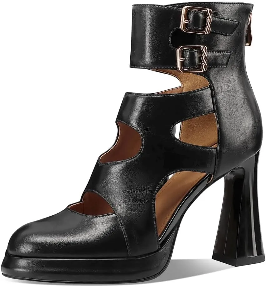 Women's Closed Toe Genuine Leather Spool Heels Handmade Hollow-carved Design Ankle Boots