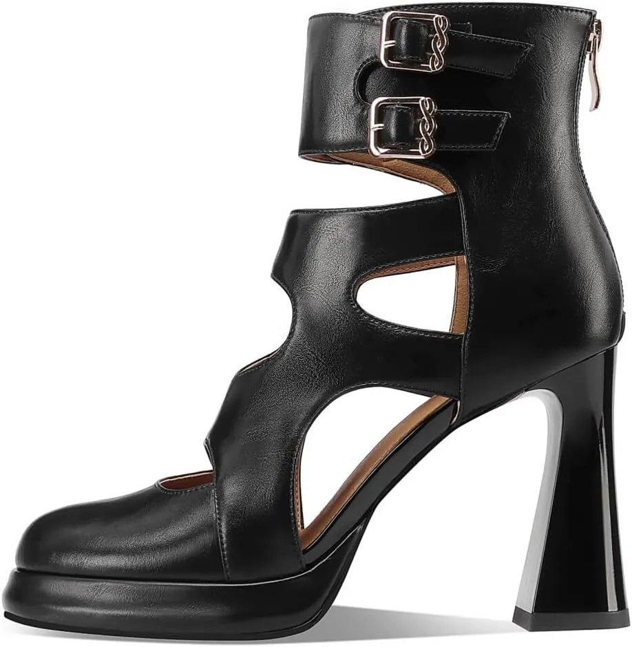 Women's Closed Toe Genuine Leather Spool Heels Handmade Hollow-carved Design Ankle Boots