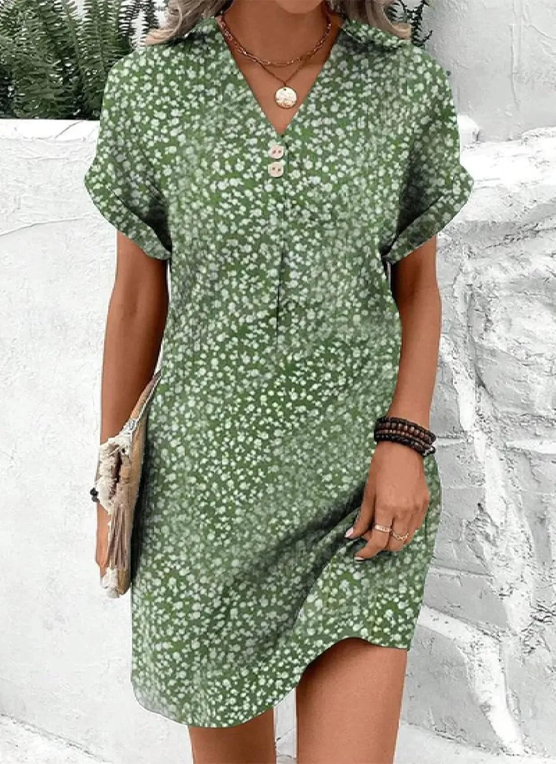 Women's Elegant Floral Print Button-Up Short Sleeve Mini Dress Summer Casual Stylish V Neck Shift Office Work Mini Dress