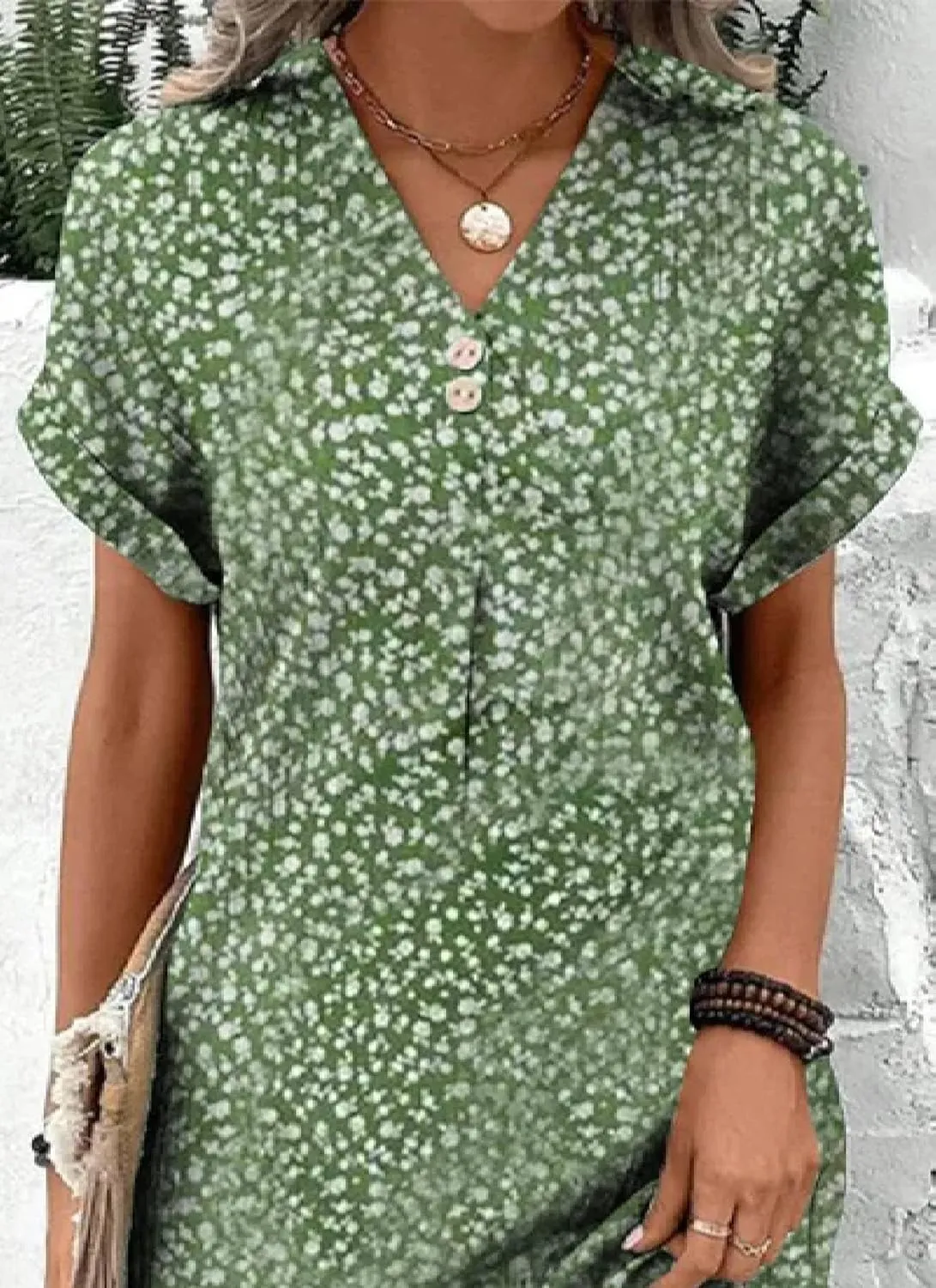 Women's Elegant Floral Print Button-Up Short Sleeve Mini Dress Summer Casual Stylish V Neck Shift Office Work Mini Dress