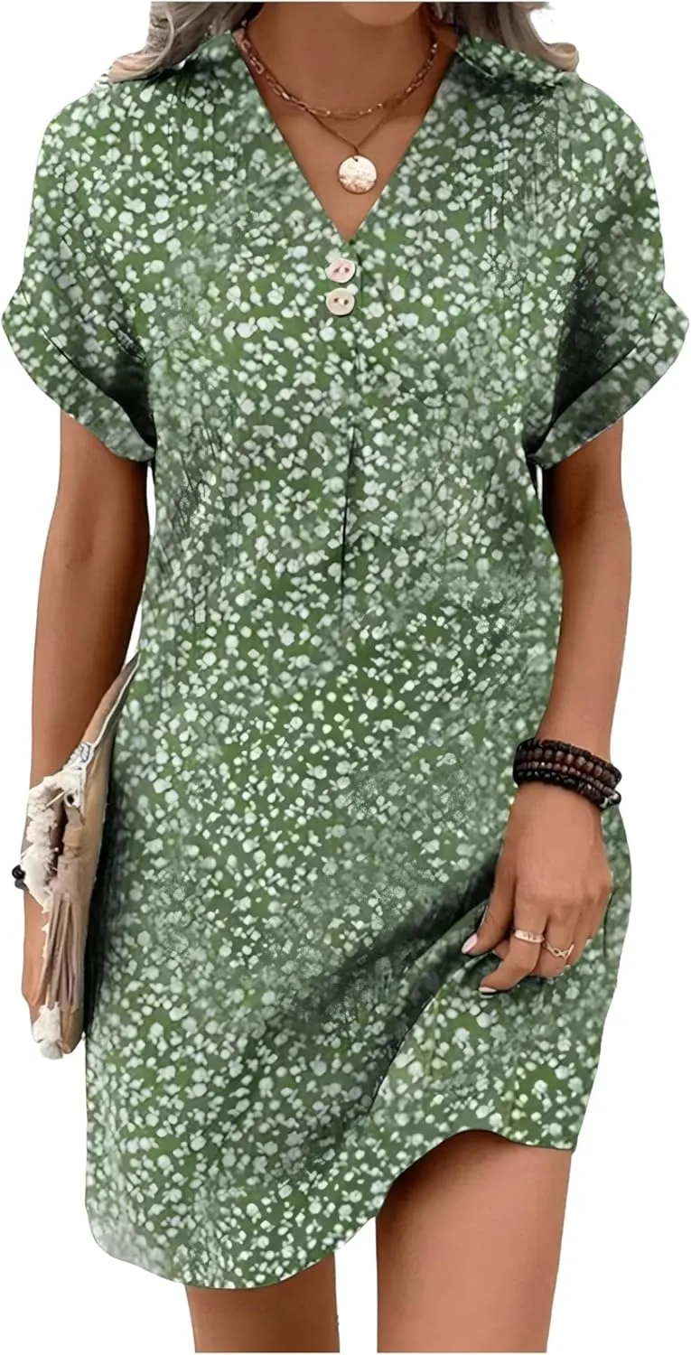 Women's Elegant Floral Print Button-Up Short Sleeve Mini Dress Summer Casual Stylish V Neck Shift Office Work Mini Dress