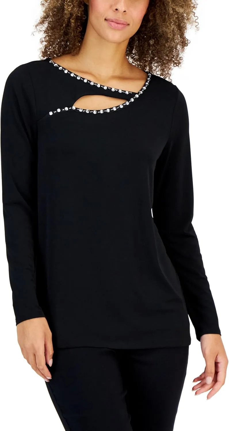 Womens Embellished Cutout Long Sleeve Top Deep Black L