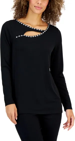 Womens Embellished Cutout Long Sleeve Top Deep Black L