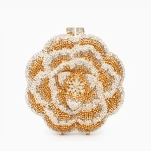 Women’s Flower Clutch Bag – Gold Evening Purse with Rhinestones for Weddings and Special Occasions