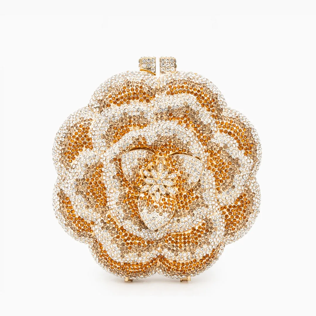 Women’s Flower Clutch Bag – Gold Evening Purse with Rhinestones for Weddings and Special Occasions