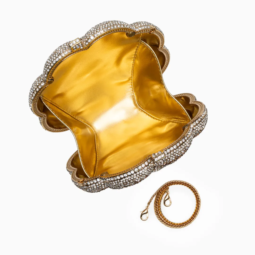 Women’s Flower Clutch Bag – Gold Evening Purse with Rhinestones for Weddings and Special Occasions