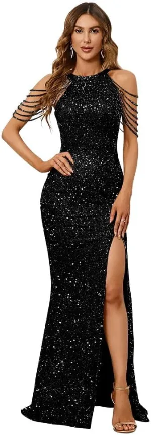 Women's Formal Halterneck Sequin Prom Dress Long, Bead Tassel Sleeveless Slim Fit Mermaid Cocktail Dress Maxi Gowns