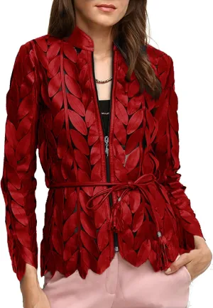 Women's Genuine Lambskin Leaf shaped Leather pieces Applique Mesh Jacket Made by Handmade