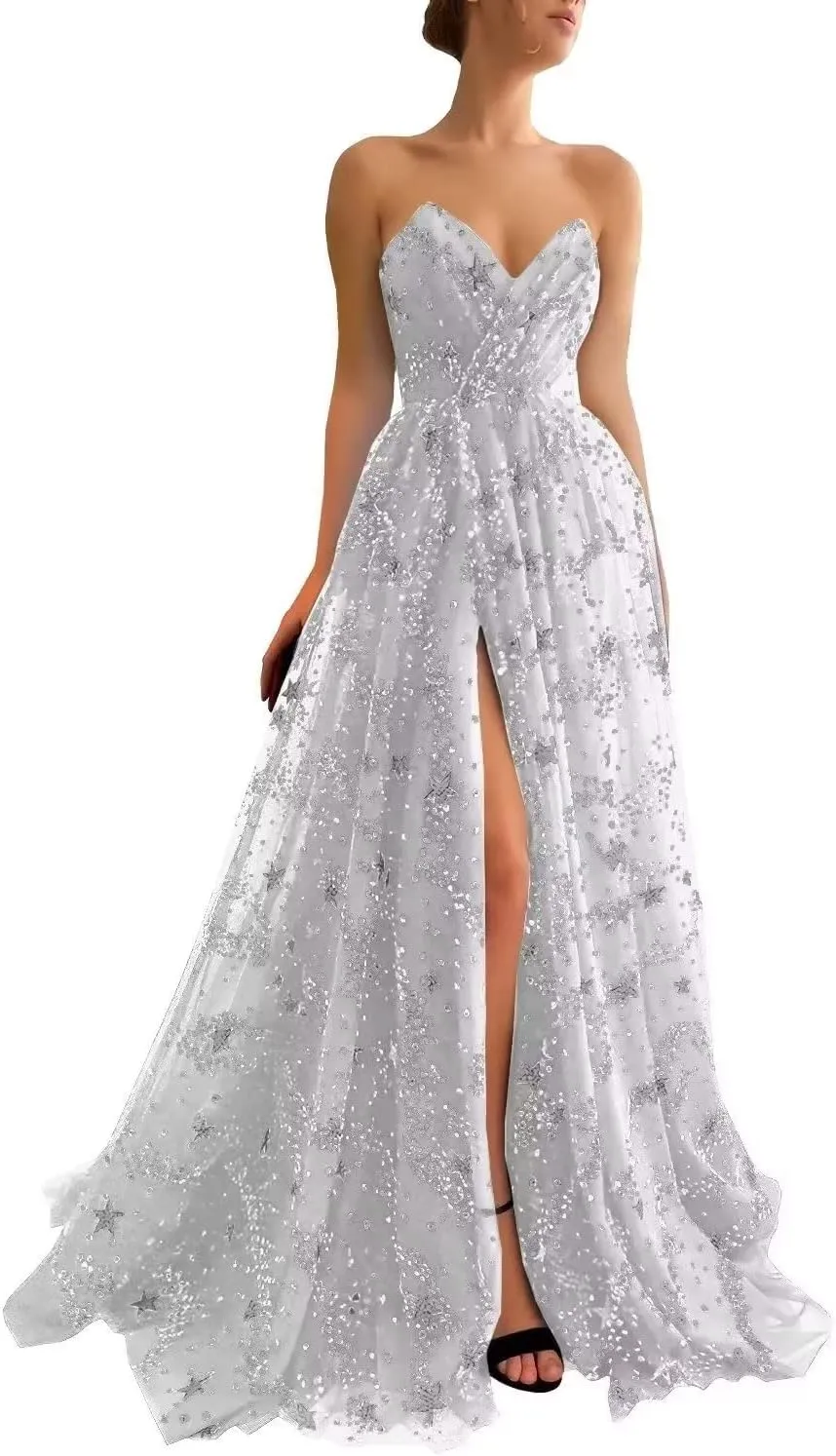 Women's Glittery Sparkle Starry Tulle Prom Dresses Strapless Slit Formal Homecoming Party Cocktail Gowns