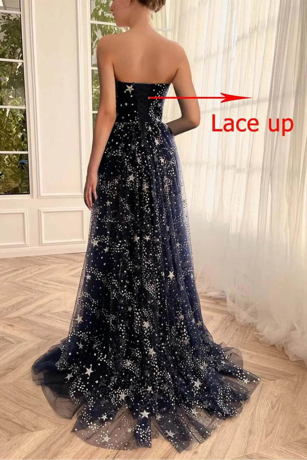 Women's Glittery Sparkle Starry Tulle Prom Dresses Strapless Slit Formal Homecoming Party Cocktail Gowns