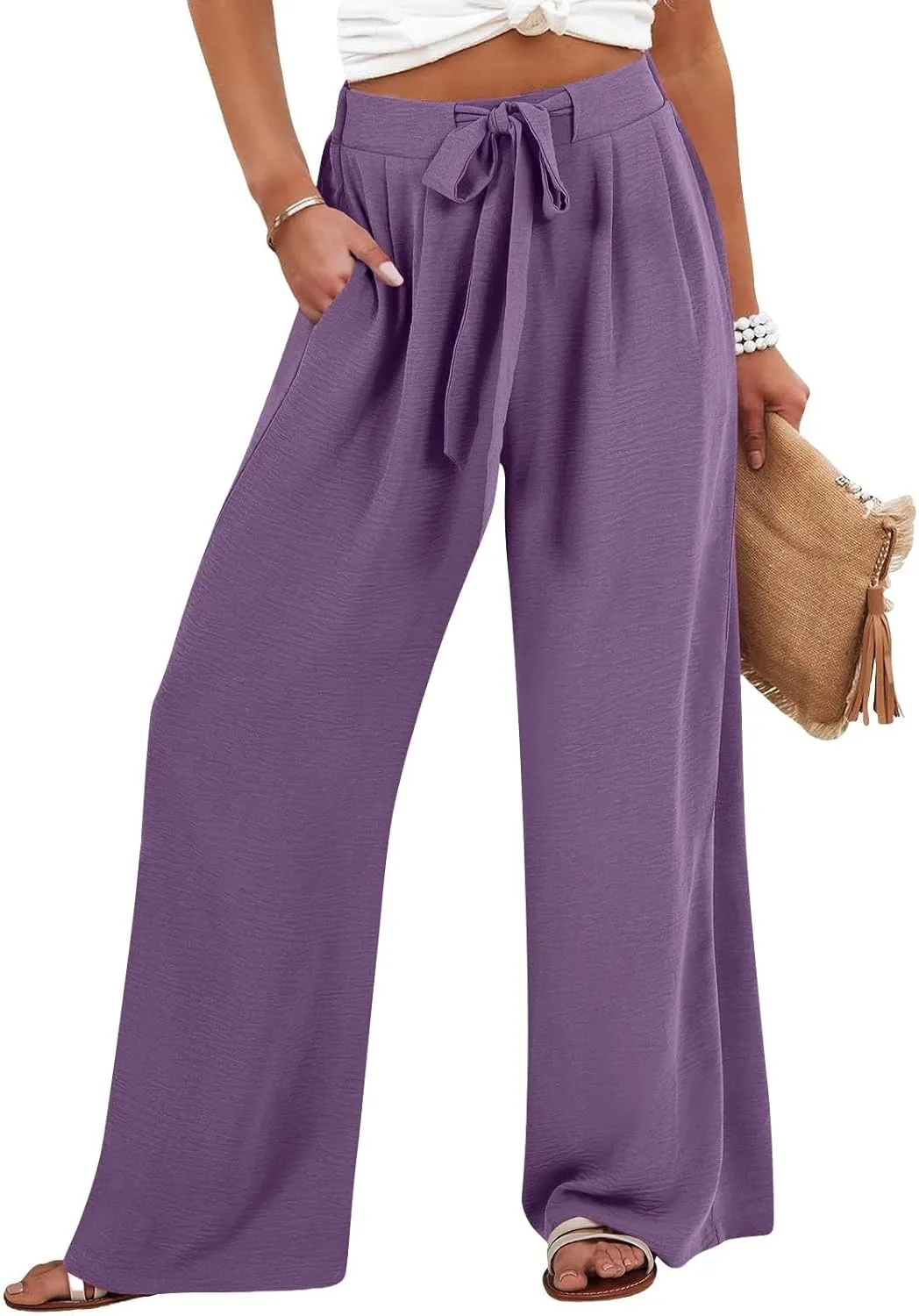 Womens High Waisted Wide Leg Drawstring Pants Office Elegant Fit Stretch Waistband Trousers Evening Party Casual Pant