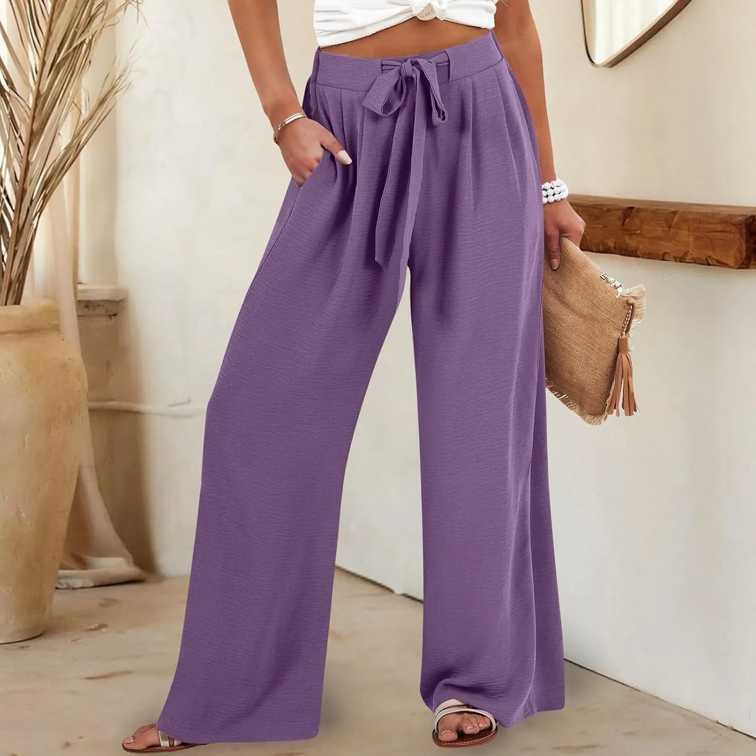 Womens High Waisted Wide Leg Drawstring Pants Office Elegant Fit Stretch Waistband Trousers Evening Party Casual Pant