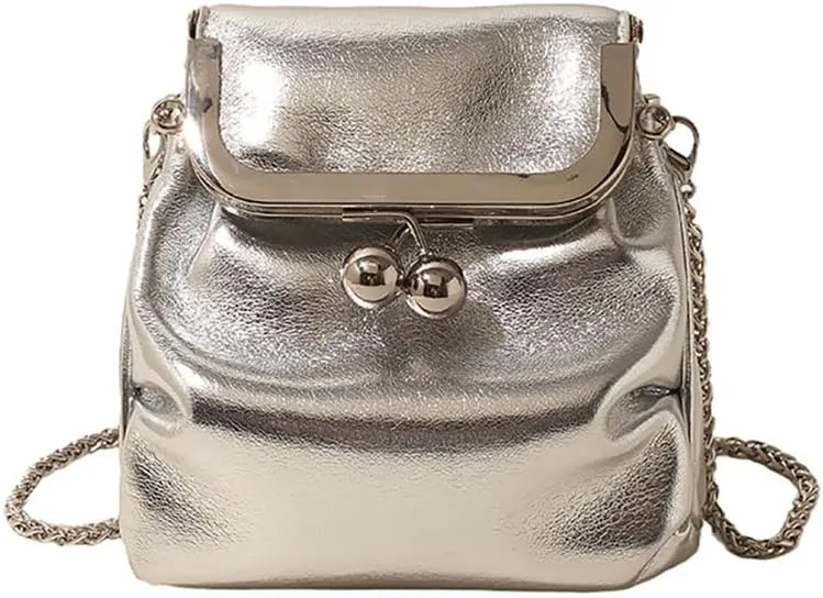 Women’s Kiss Lock Shoulder Bag, Leather Bucket Shaped Holder Pocket Crossbody Bag, Mini Lightweight Cell Phone Satchel Pouch