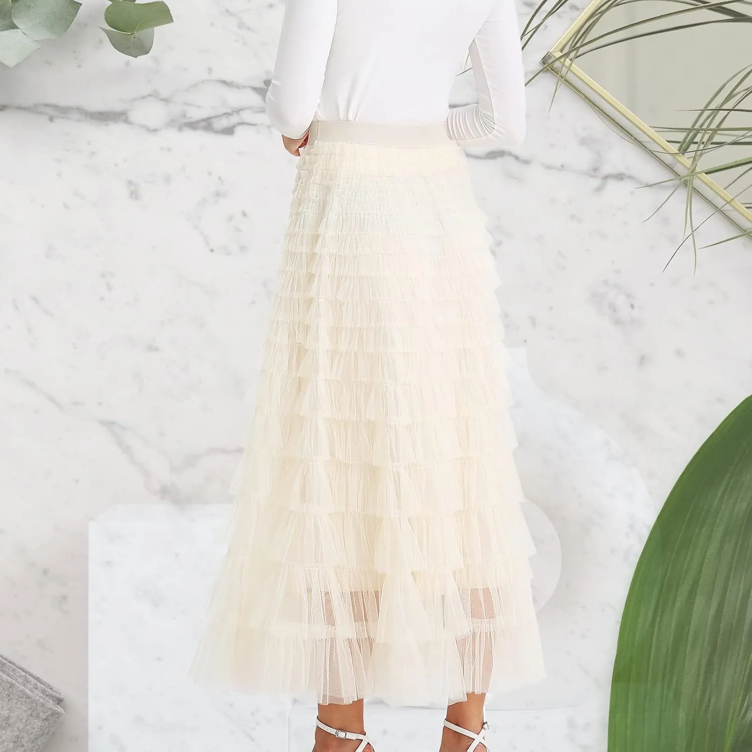 Women’s Layered Ruffles Tulle Skirt Pleated High Waist Fluffy Maxi Skirt Fairy Cake Dress Long Tutu Party Skirt