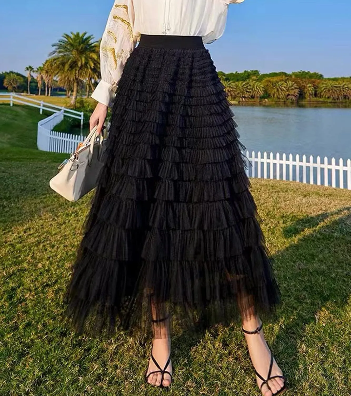 Women’s Layered Ruffles Tulle Skirt Pleated High Waist Fluffy Maxi Skirt Fairy Cake Dress Long Tutu Party Skirt