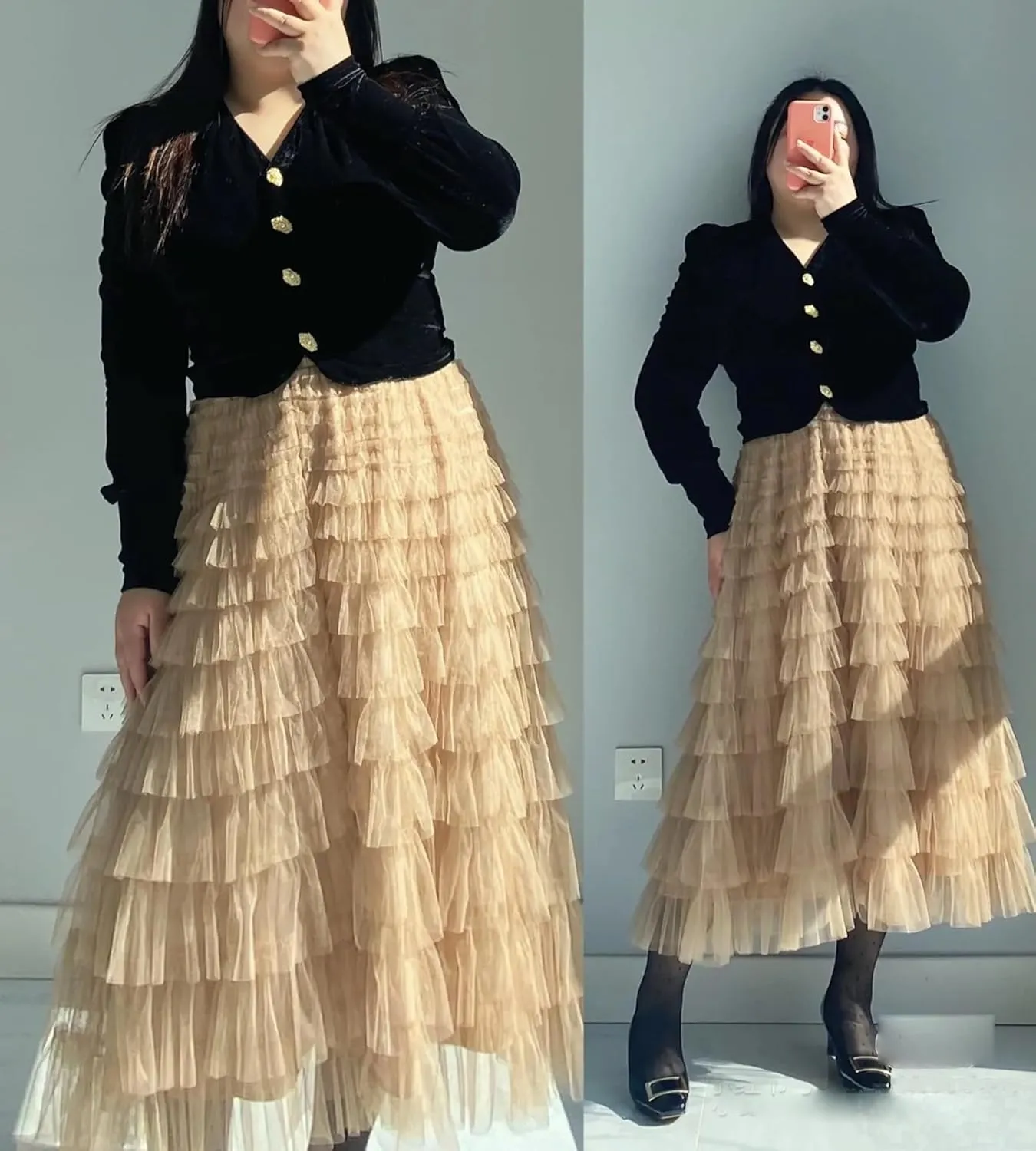 Women’s Layered Ruffles Tulle Skirt Pleated High Waist Fluffy Maxi Skirt Fairy Cake Dress Long Tutu Party Skirt